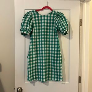 Green and white check dress